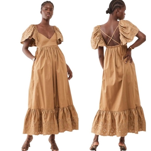 NWT En Saison Flutter Sleeves Eyelet Maxi Dress in Natural - Picture 1 of 13